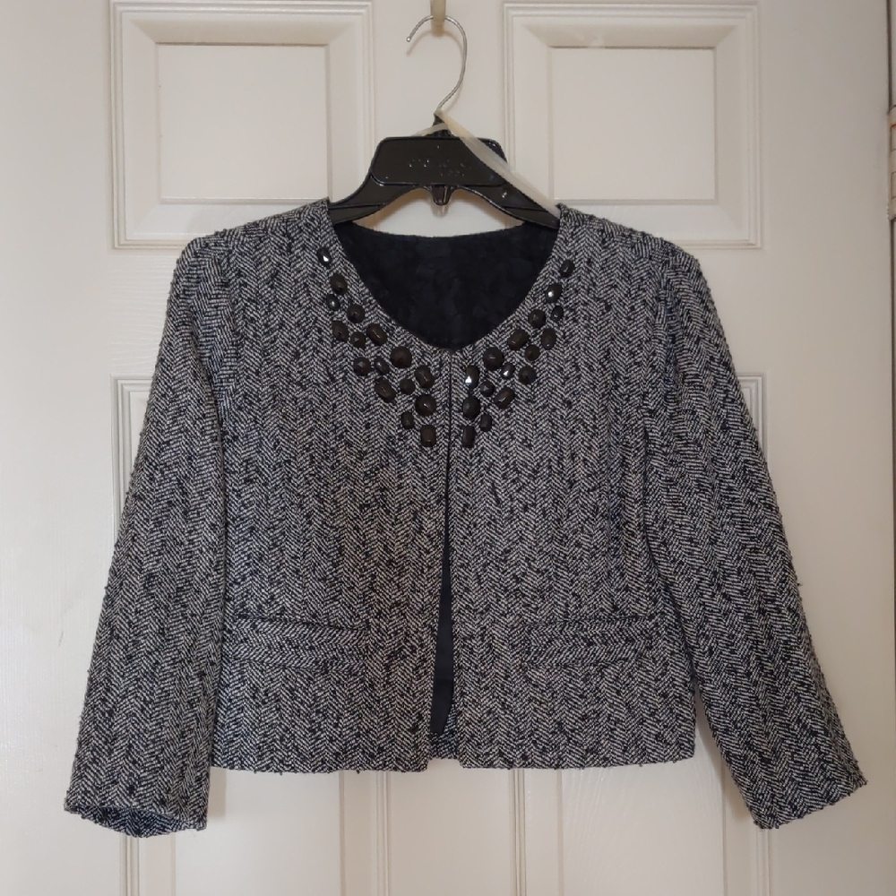 Chic Black & Gray Tweed Waist Length Embellished Blazer W/Full Lining & Pockets.
